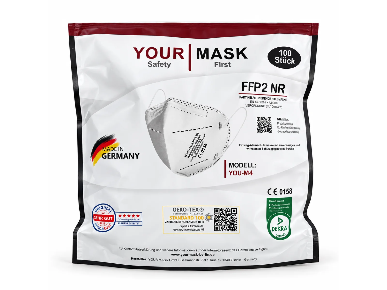 Big Pack der PREMIUM FFP2 YOU-M4: Beutel mit 100 Masken, Aufdruck FFP2 NR, Made in Germany und CE 0158