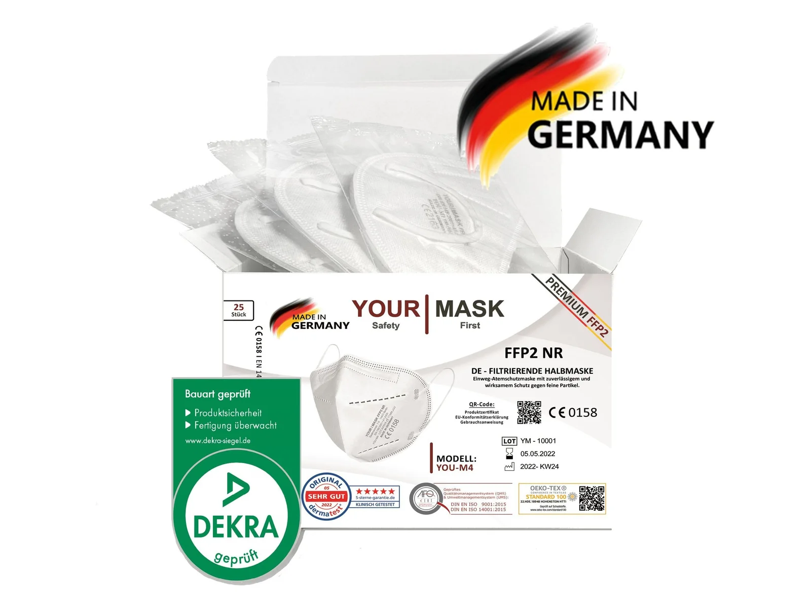 Geöffnete Packung der PREMIUM FFP2 YOU-M4 mit 25 einzeln verpackten Masken, Aufdruck FFP2 NR und CE 0158