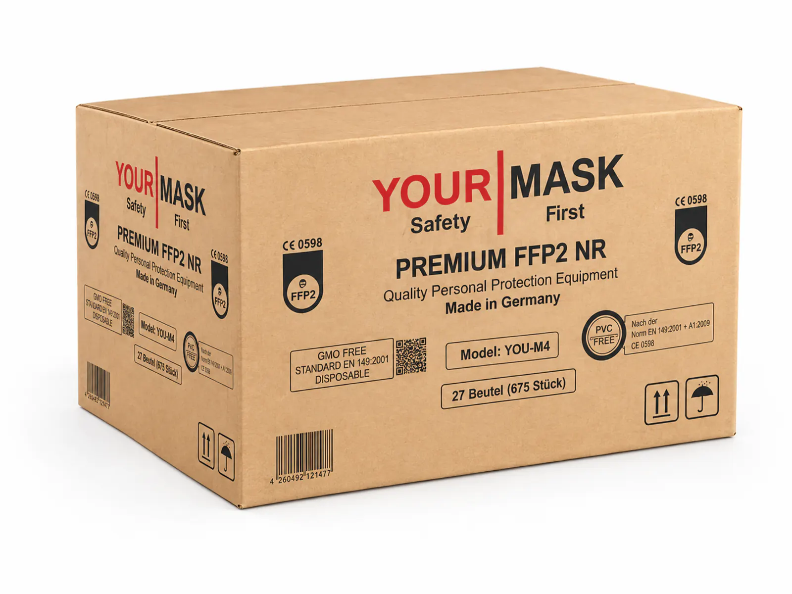 Umkarton der PREMIUM FFP2 YOU-M4 von Your Mask mit 675 FFP2-Masken in 27 Boxen à 25 Stück, Made in Germany