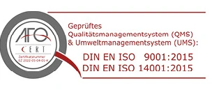 Siegel AFQ Cert: geprüftes Qualitäts- und Umweltmanagementsystem, DIN EN ISO 9001:2015 und 14001:2015