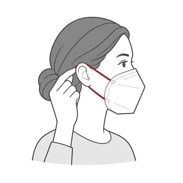 Person im Profil zieht das Ohrband der FFP2-Maske über das Ohr